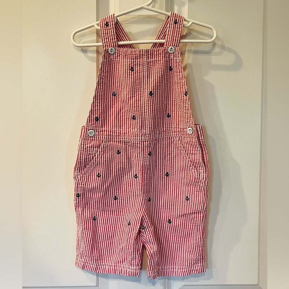 Ralph Lauren Seersucker Red & White Overalls with Navy Anchor Embroidery, 18M